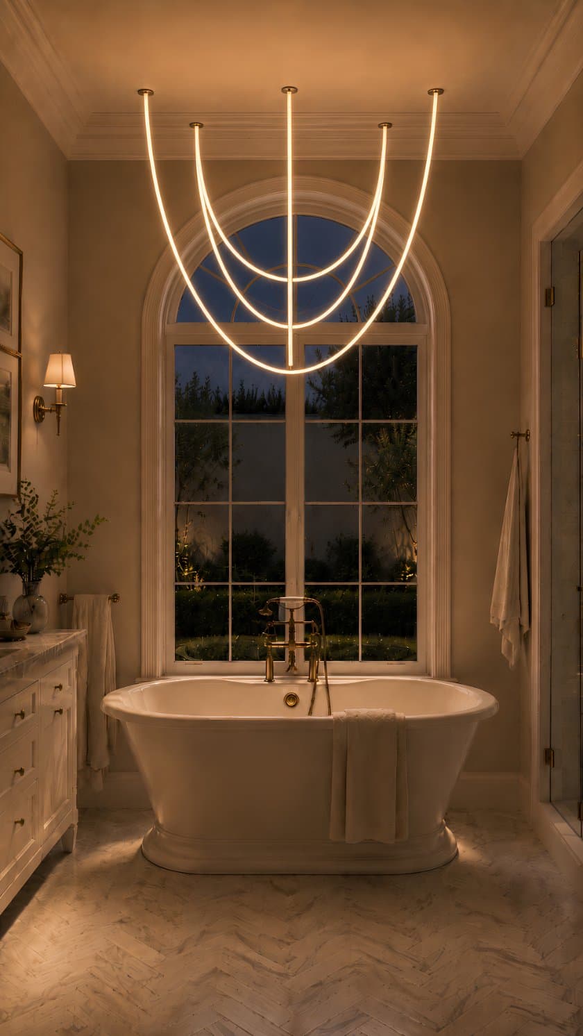 Aria catenary composition in satin nickel, with five illuminated cords suspended above a freestanding bathtub