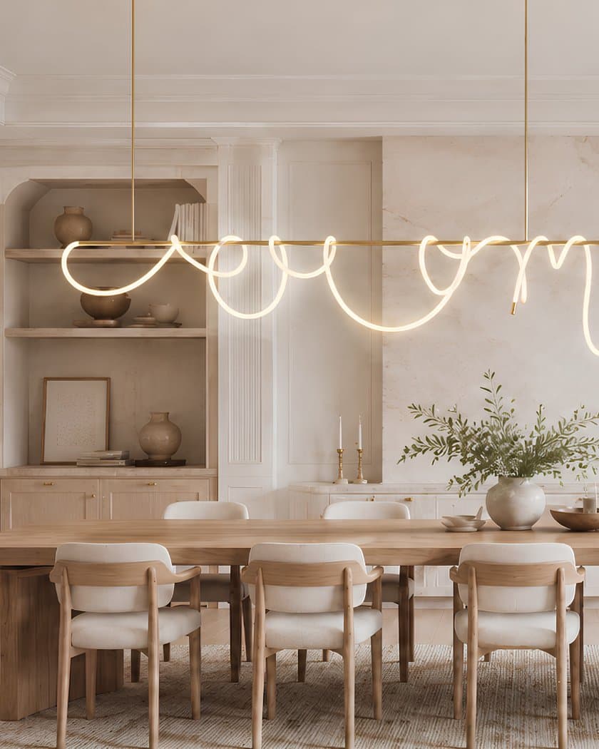 Atlas linear suspension in satin brass above a long oak dining table — a straight brass bar carrying a loosely looped illuminated cord