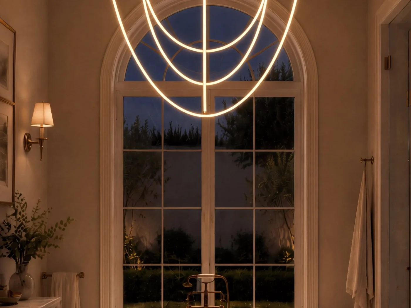 Aria catenary composition in satin nickel, with illuminated cords suspended above a freestanding bathtub