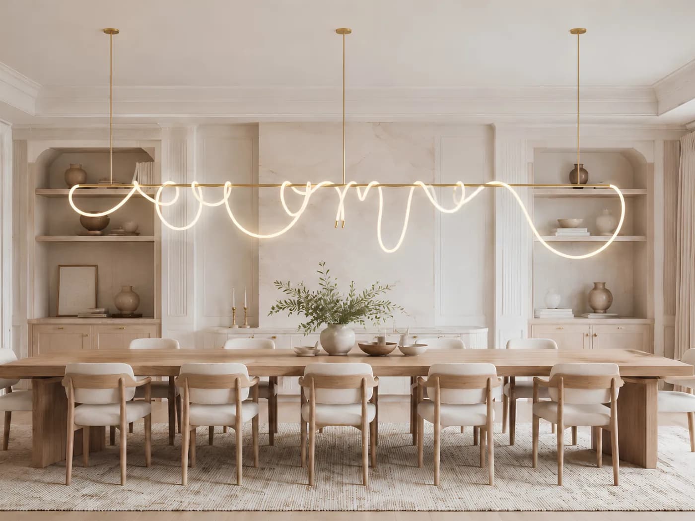 Atlas linear suspension in satin brass above a long oak dining table — a straight brass bar carrying a loosely looped illuminated cord