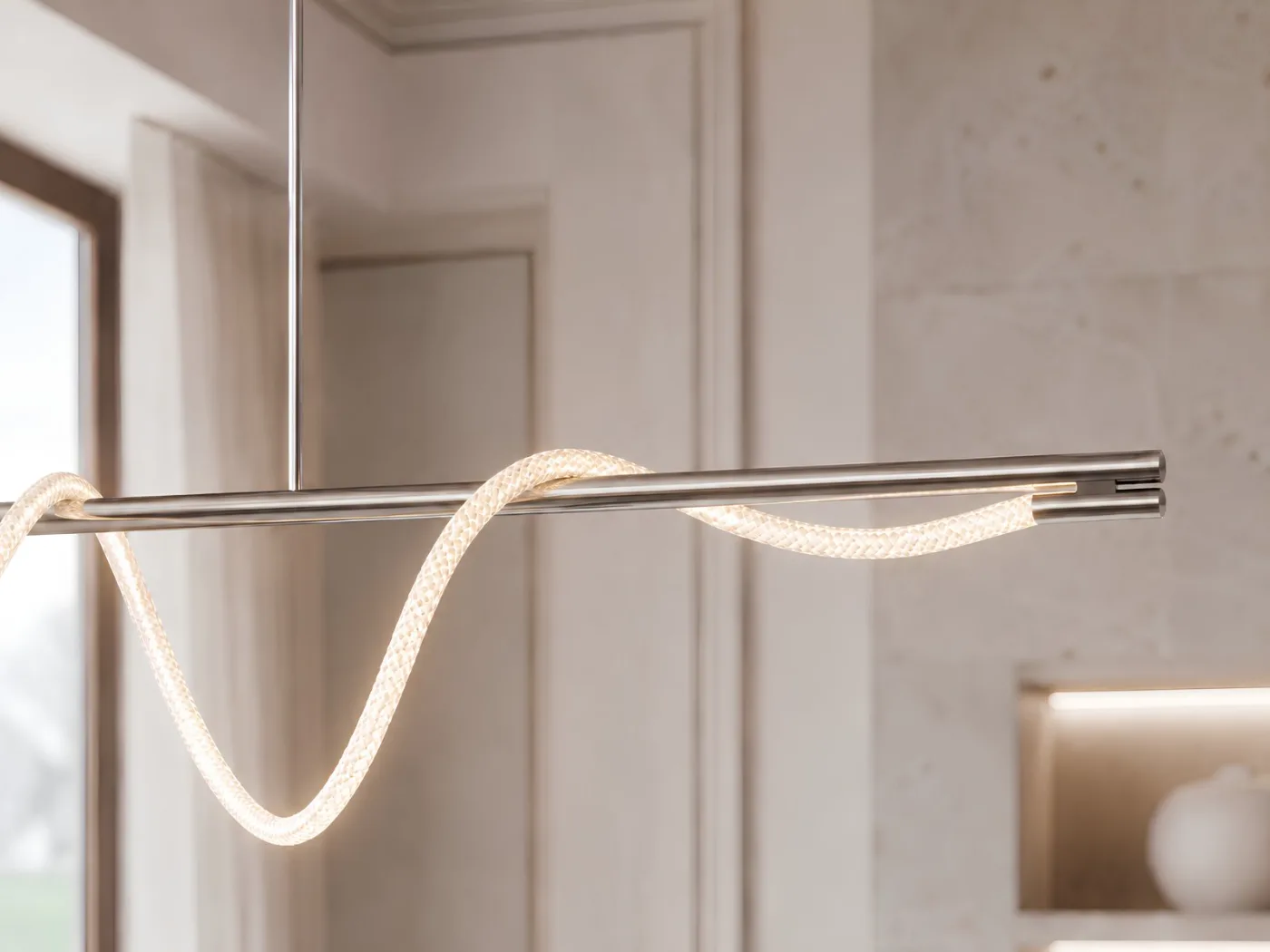 Eden Suspension in polished nickel — a horizontal architectural frame with illuminated cord draped beneath it