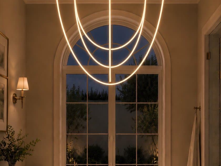 Aria ceiling composition in Satin Nickel — illuminated cords suspended in overlapping arcs