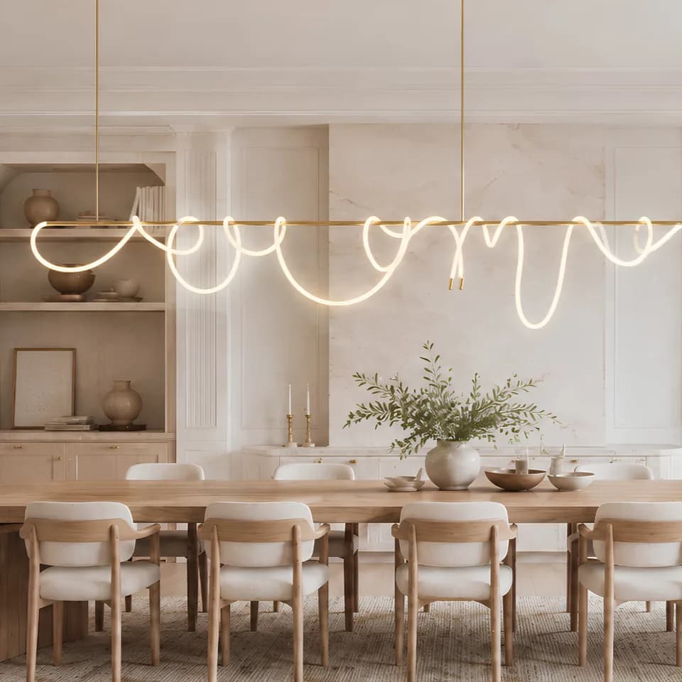 Atlas linear suspension in satin brass above a long oak dining table — a straight brass bar carrying a loosely looped illuminated cord