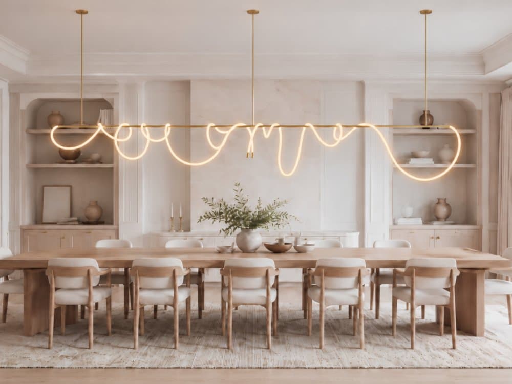 Atlas linear suspension in Satin Brass above a dining table