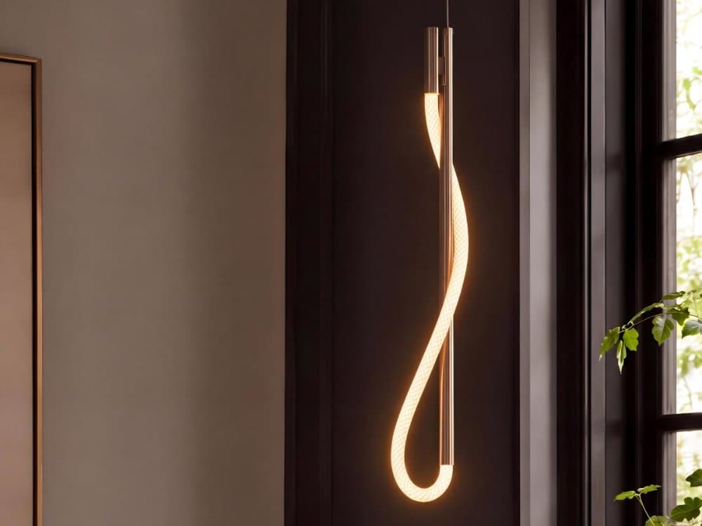 Eden pendant in Satin Brass — illuminated cord looping alongside a slim vertical brass frame