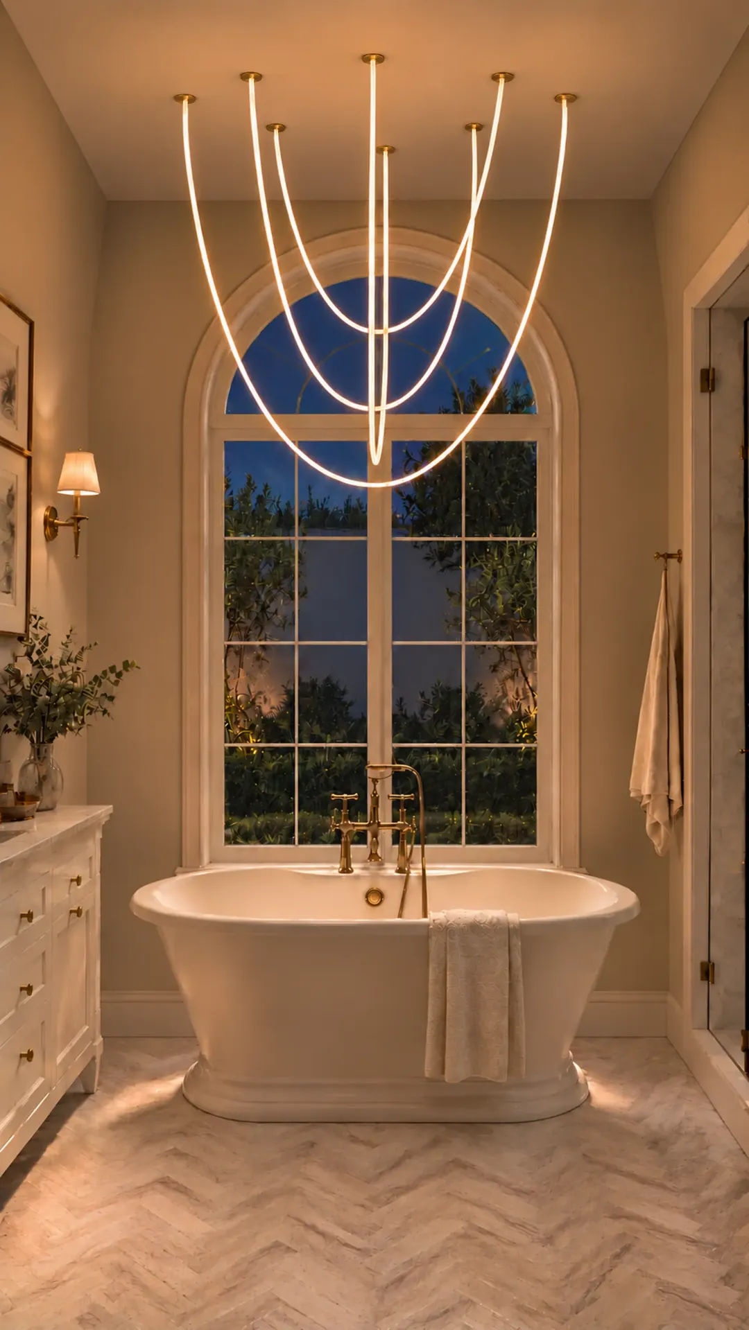 Aria Recessed Mount in Satin Brass above a freestanding bathtub.