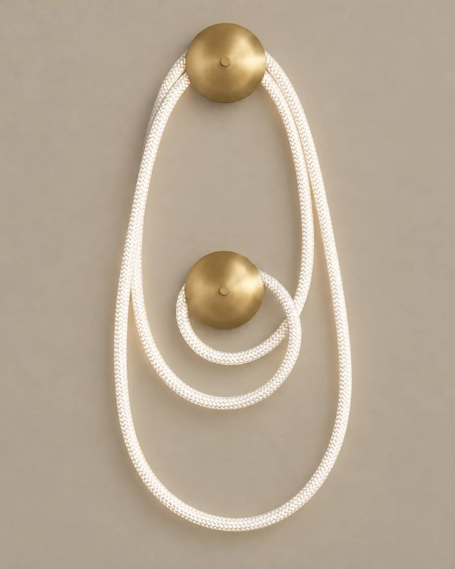 Selene II Extended in Satin Brass, illuminated braided cord looped between two brass canopies