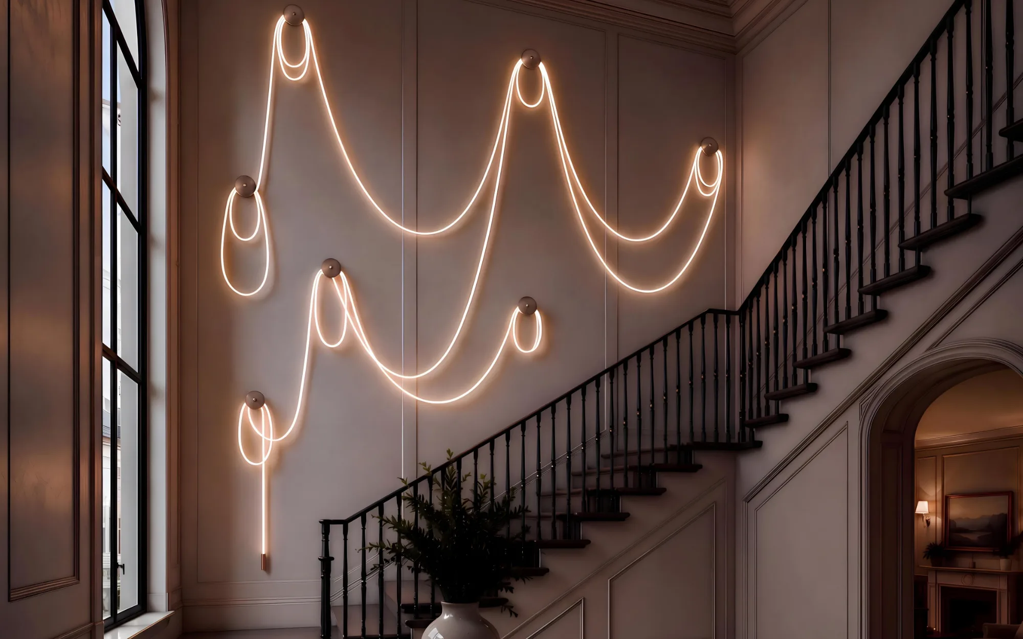 Selene Traverse wall installation in aged brass, with illuminated cord draped between multiple wall-mounted canopies along a stair hall
