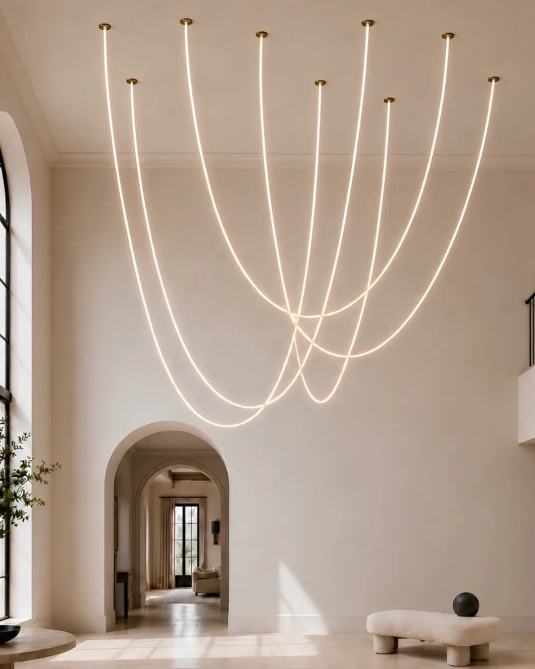 Aria catenary composition in aged brass — eight illuminated cords drawn across a double-height stair hall with arched steel windows
