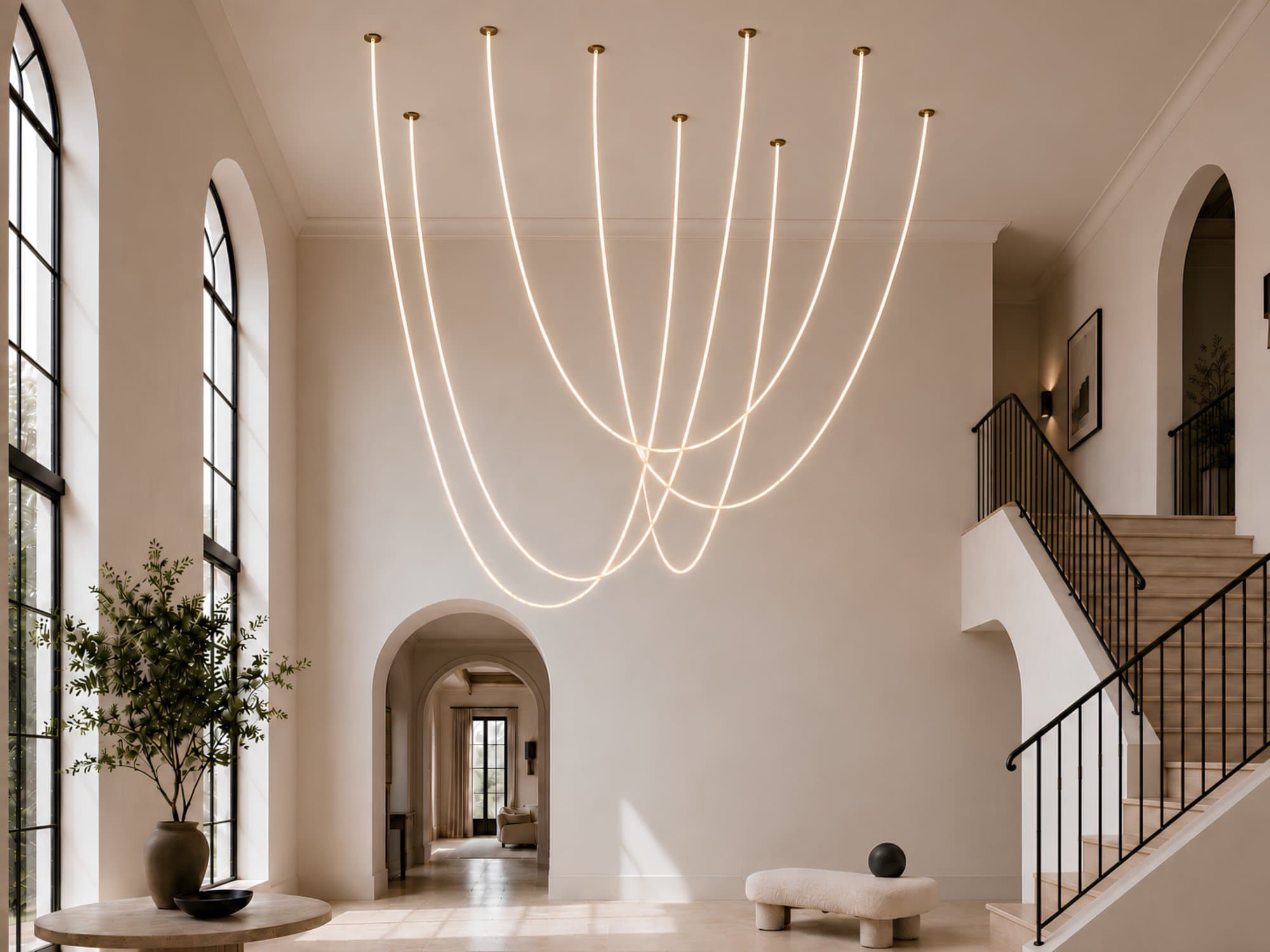 Aria catenary composition in aged brass — eight illuminated cords drawn across a double-height stair hall with arched steel windows
