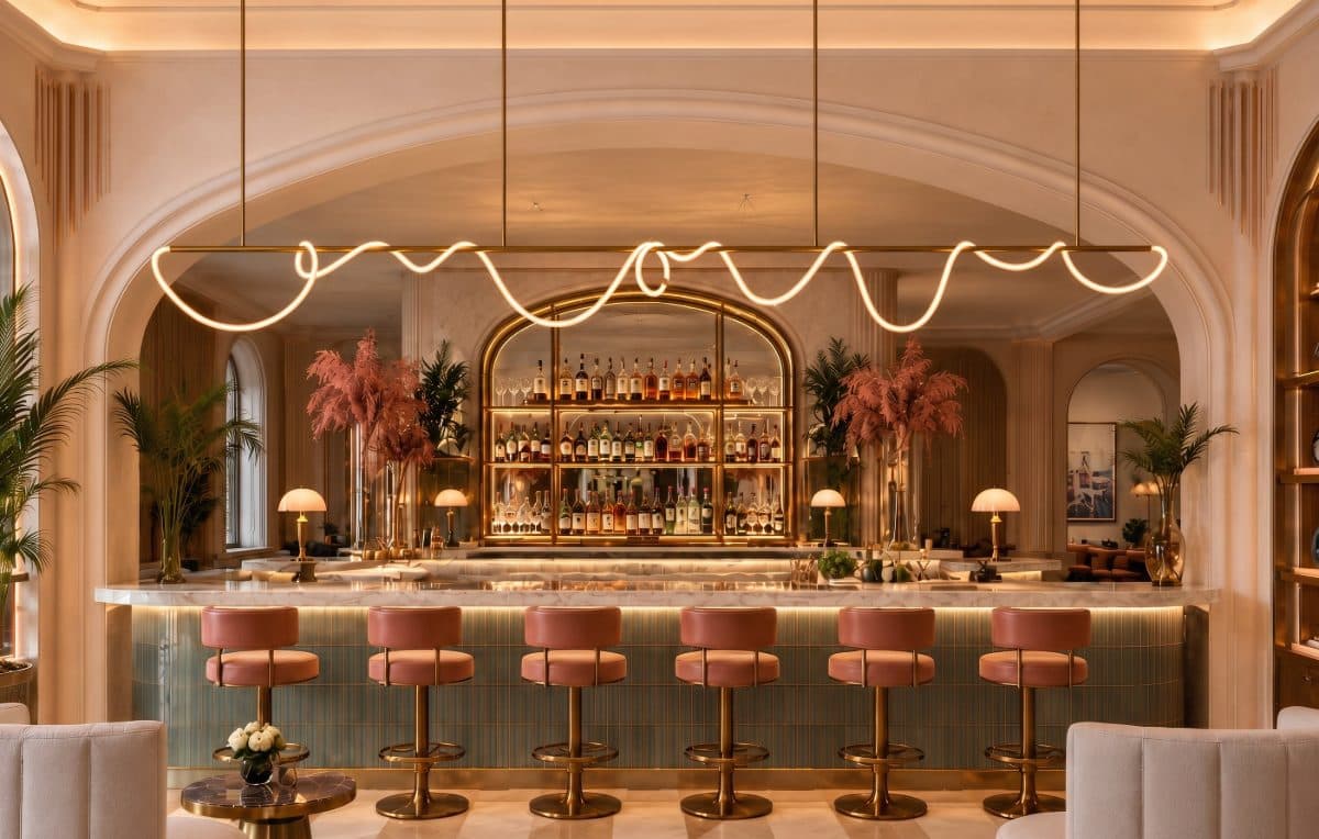 Atlas linear suspension in aged brass, its illuminated cord drawn along a suspended frame above a hotel bar