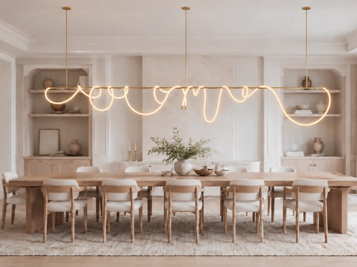 Atlas linear suspension in satin brass above a long dining table — a brass bar carrying a hand-styled illuminated cord in loose loops