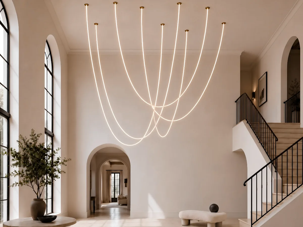 Aria catenary composition drawn across a daylit double-height foyer