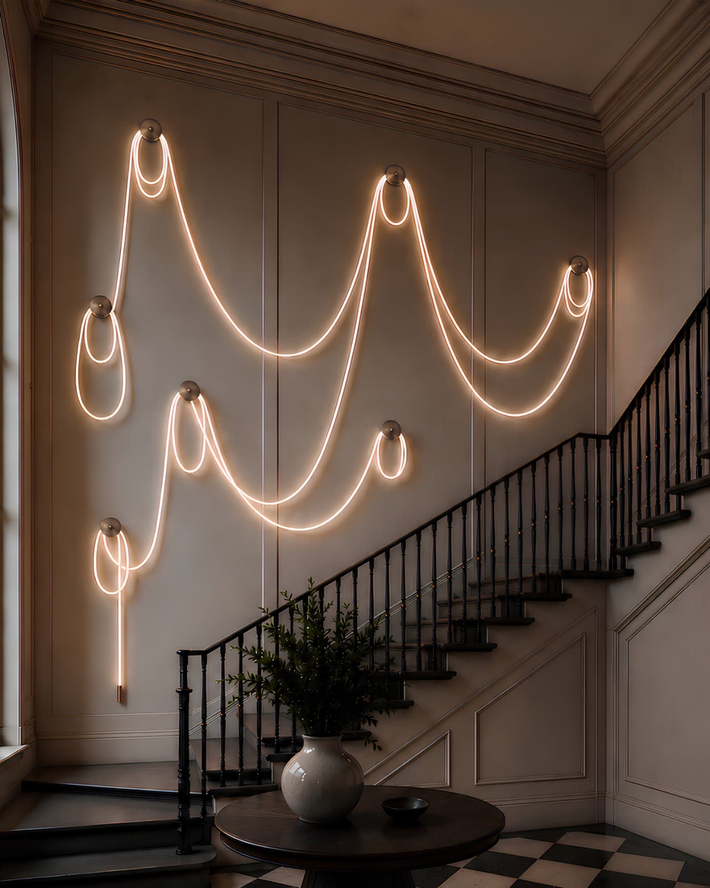 Selene Traverse in Aged Brass — an illuminated braided-cord wall composition draped across six mounting points in a stair hall