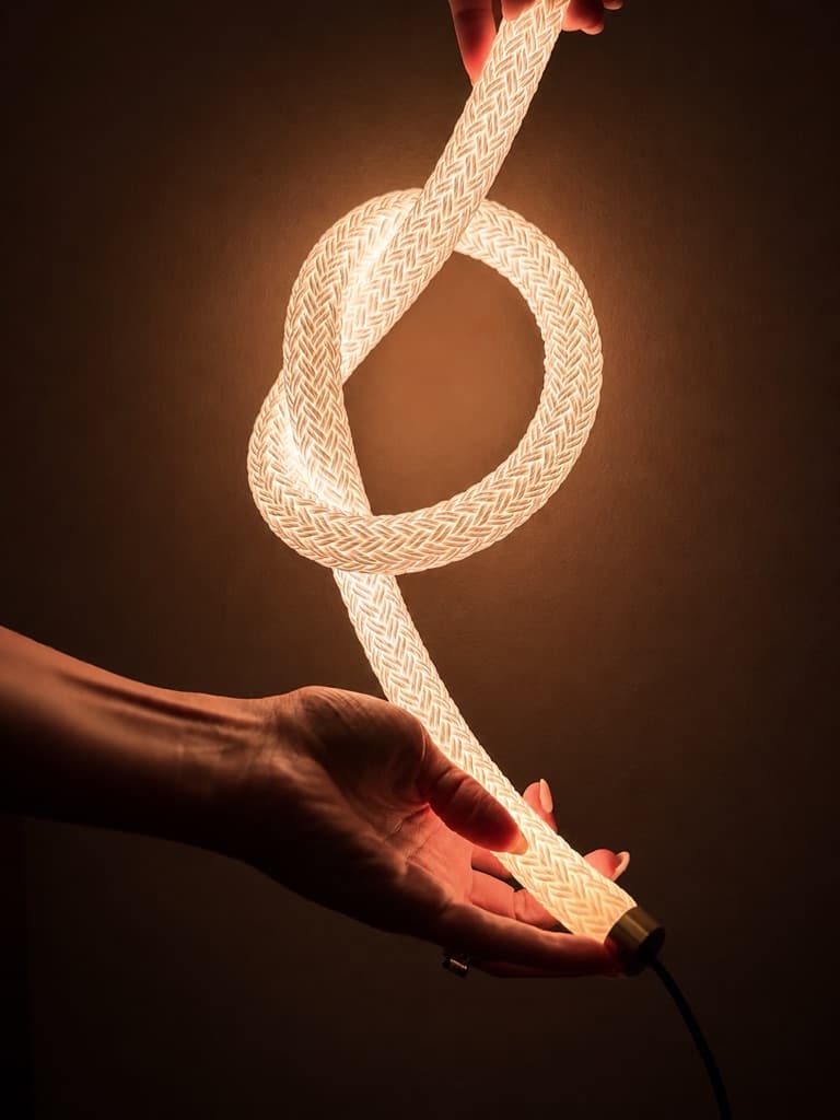 Hands holding a knotted length of illuminated braided cord, glowing warm white