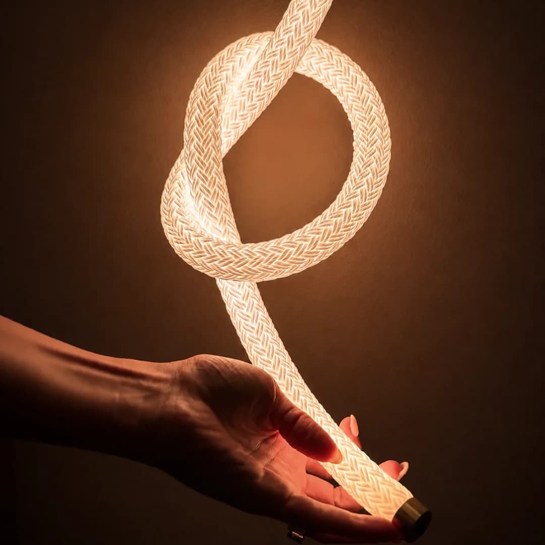 Hands holding a knotted length of illuminated braided cord, glowing warm white