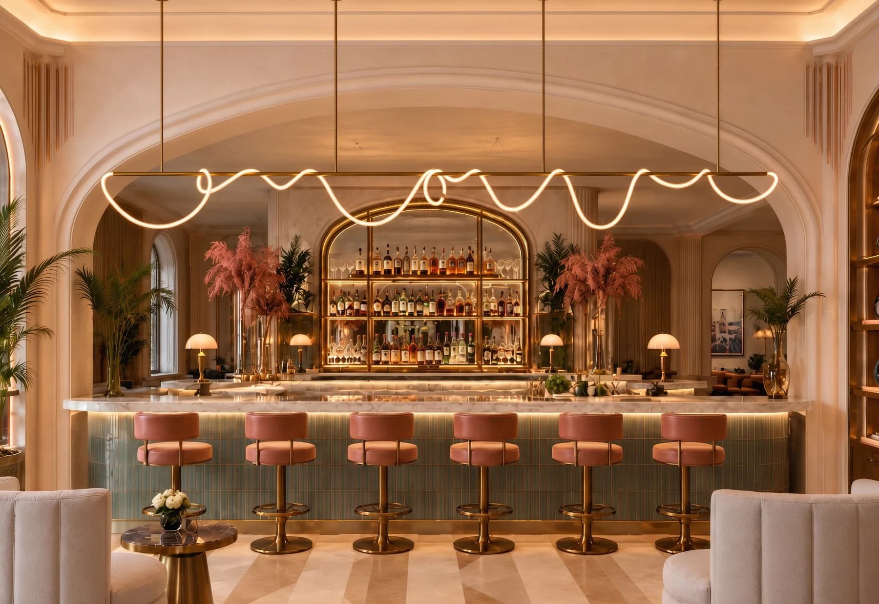 Atlas linear suspension in satin brass, its illuminated cord drawn along a suspended frame above a hotel bar